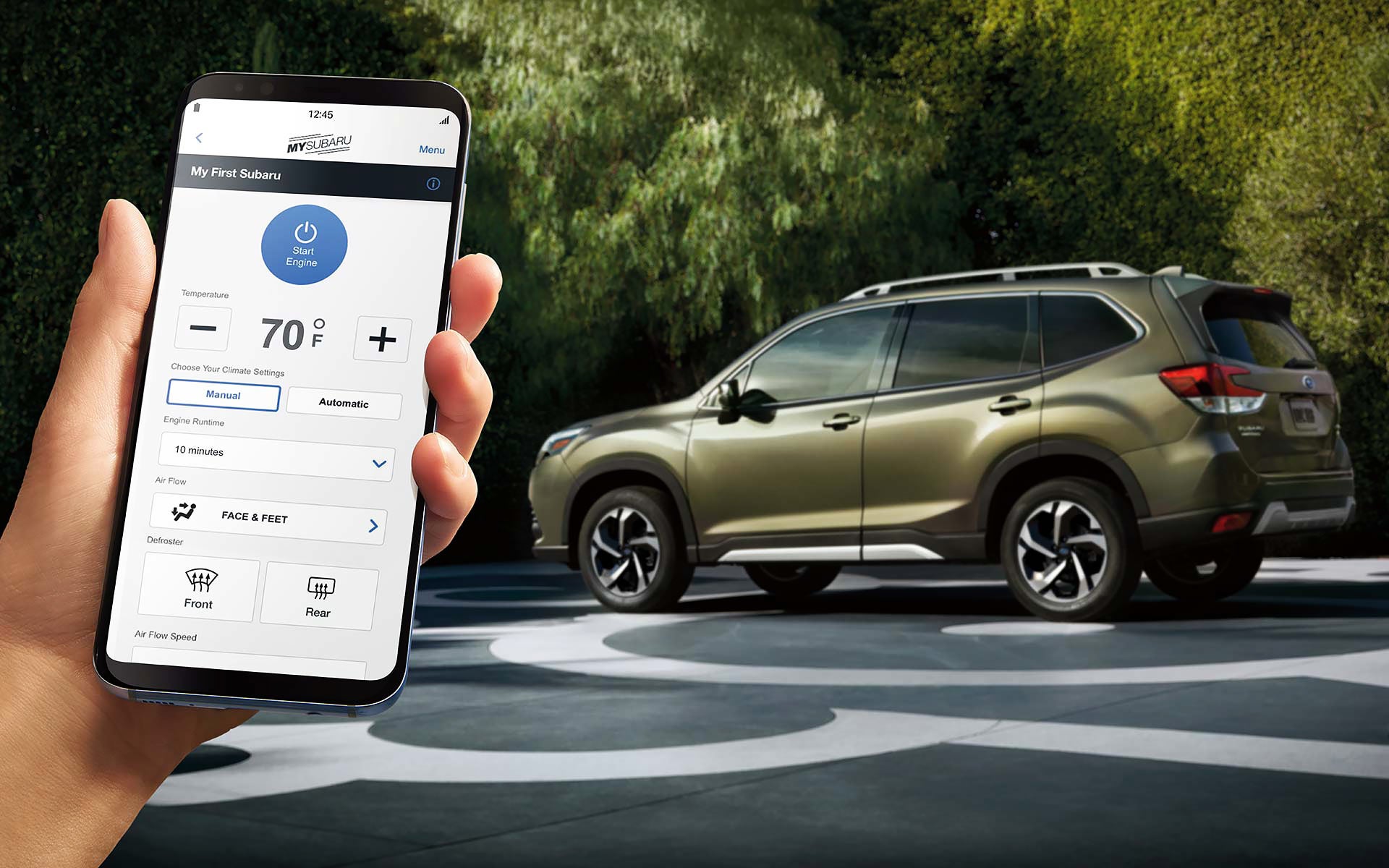 A close-up of a phone showing the Remote Engine Start with Climate Control feature of SUBARU STARLINK® Safety and Security available on the 2022 Forester. | Subaru Superstore of Surprise in Surprise AZ
